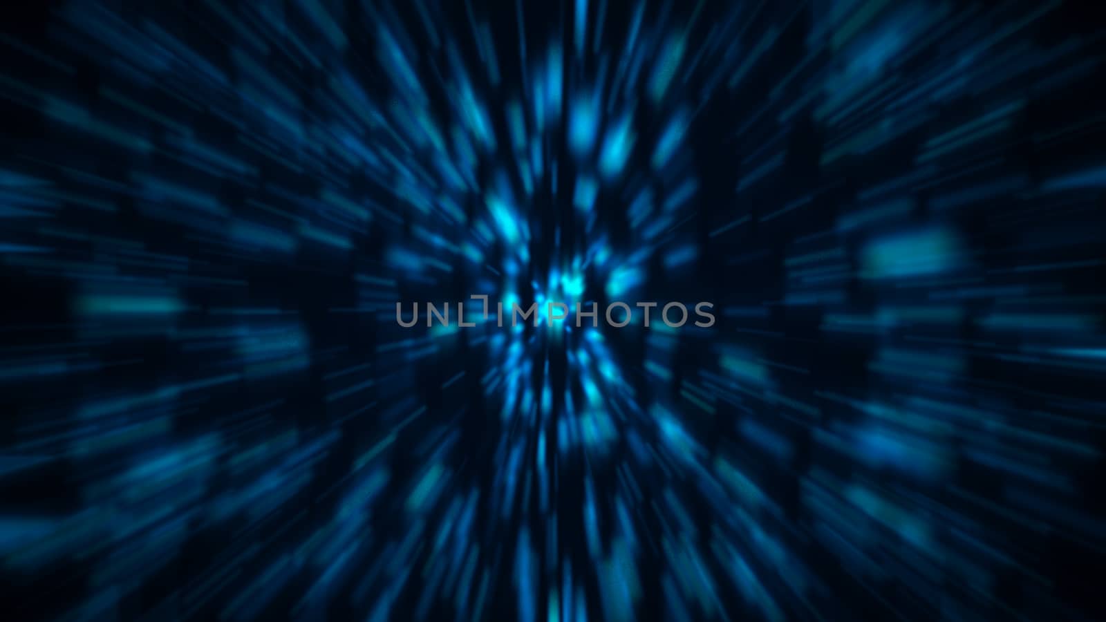Abstract blue zoom background. Shiny light. 3D rendering