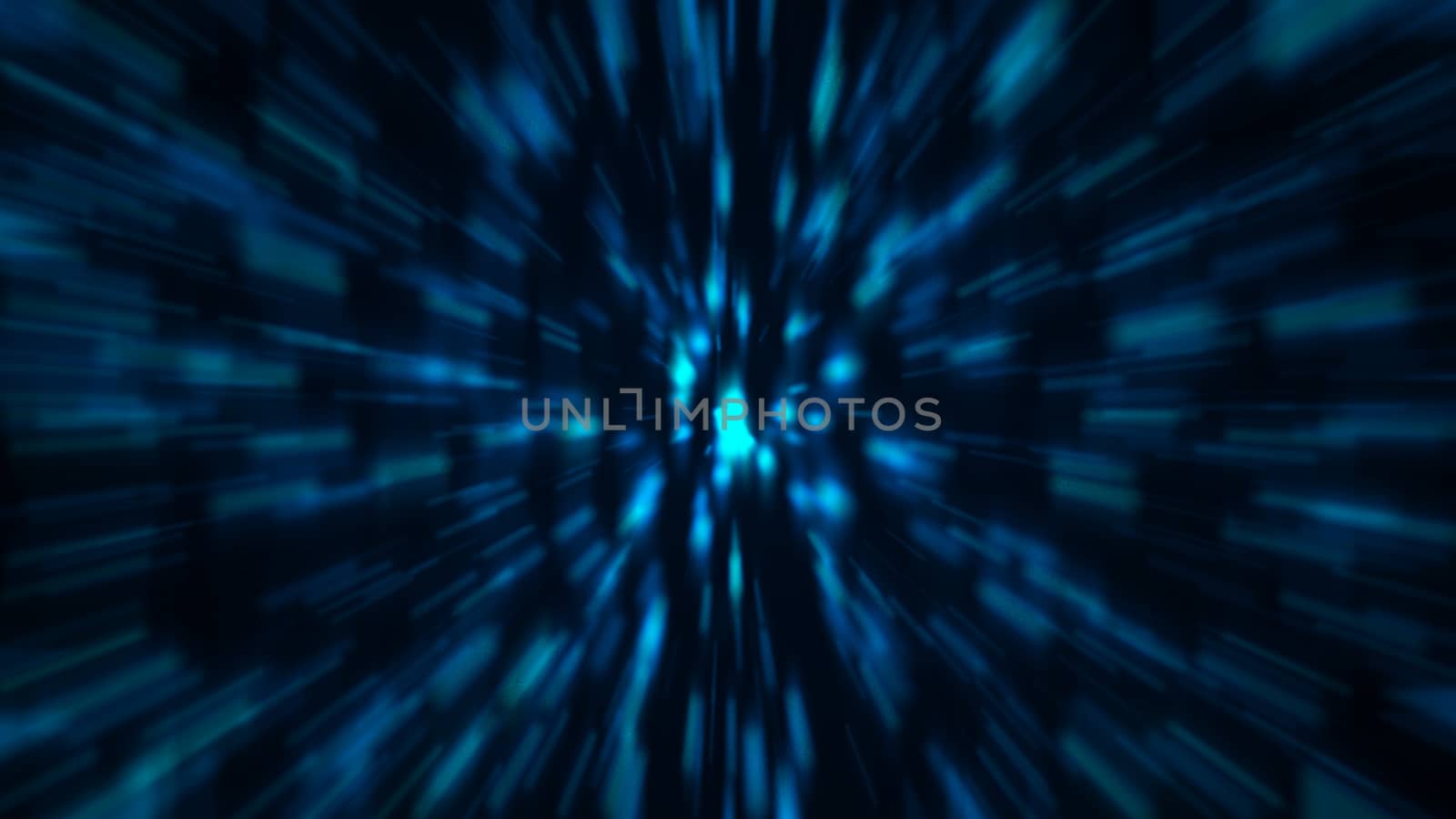 Abstract blue zoom background. Shiny light. 3D rendering