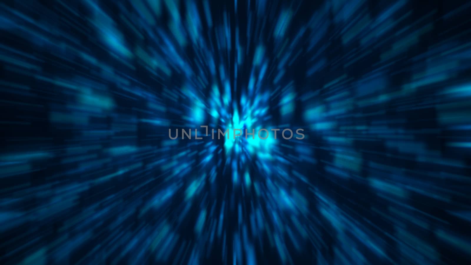 Abstract blue zoom background. Shiny light. 3D rendering