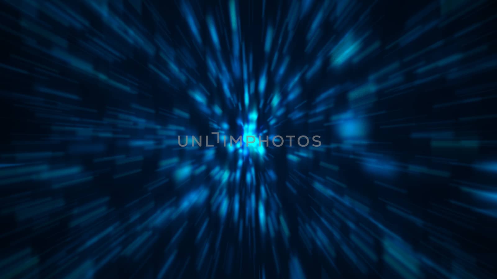 Abstract blue zoom background. Shiny light. 3D rendering