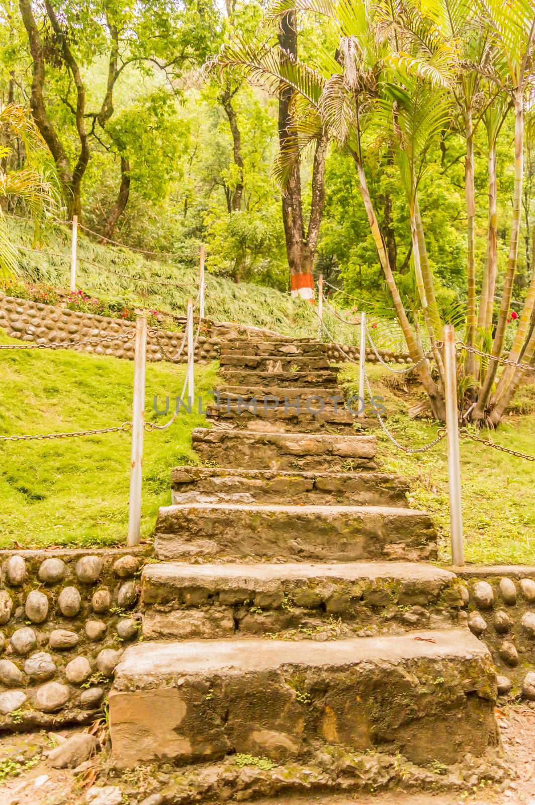 Natural stone landscaping in home garden with stairs by sudiptabhowmick