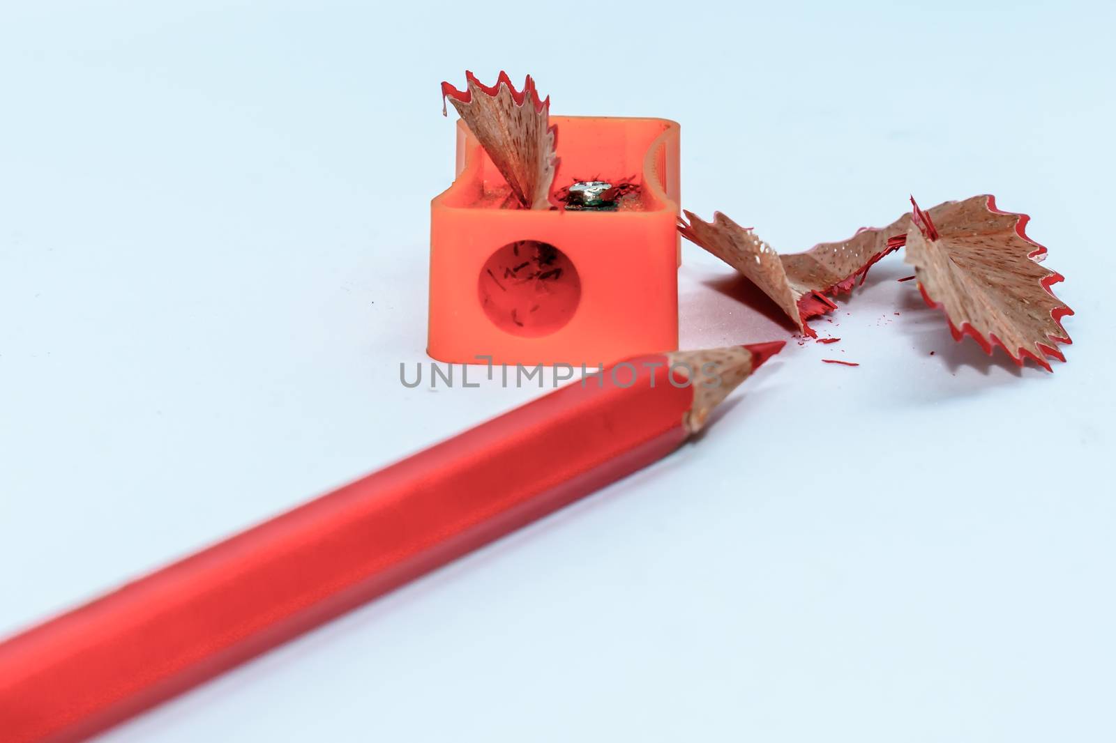 Selective Focus: Color pencil with sharpener shavings on white background