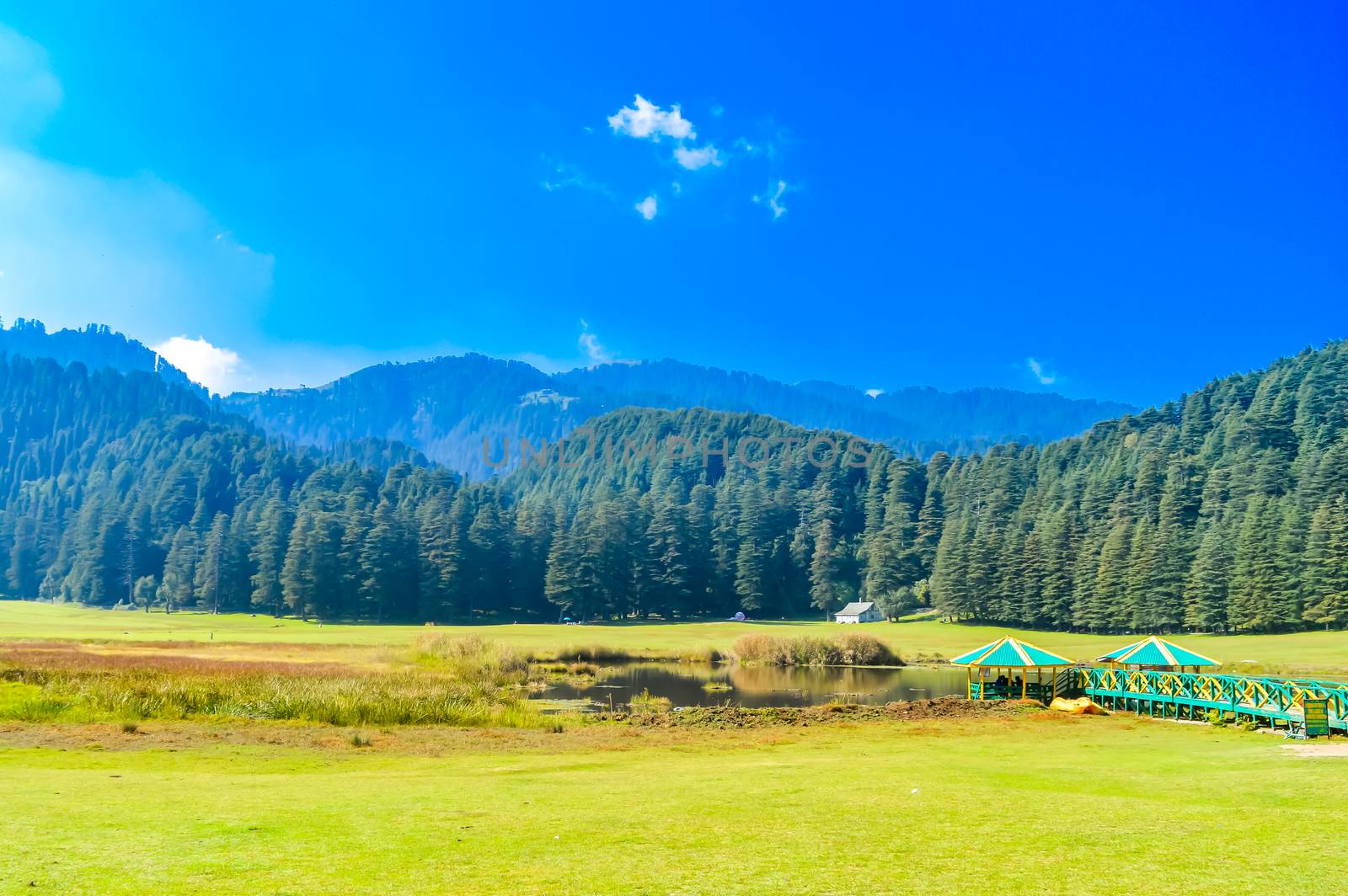 A beautiful golf course on a hill station with road blue sky trees clouds. Captured in sunny day hill station India taken landscape style useful for background wallpaper screen saver Vacation Concept