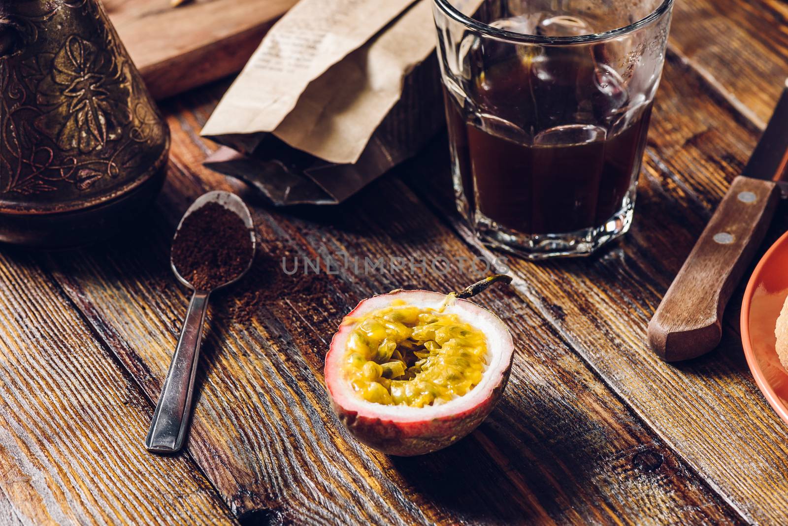 Glass of Turkish Coffee with Passion Fruit Half