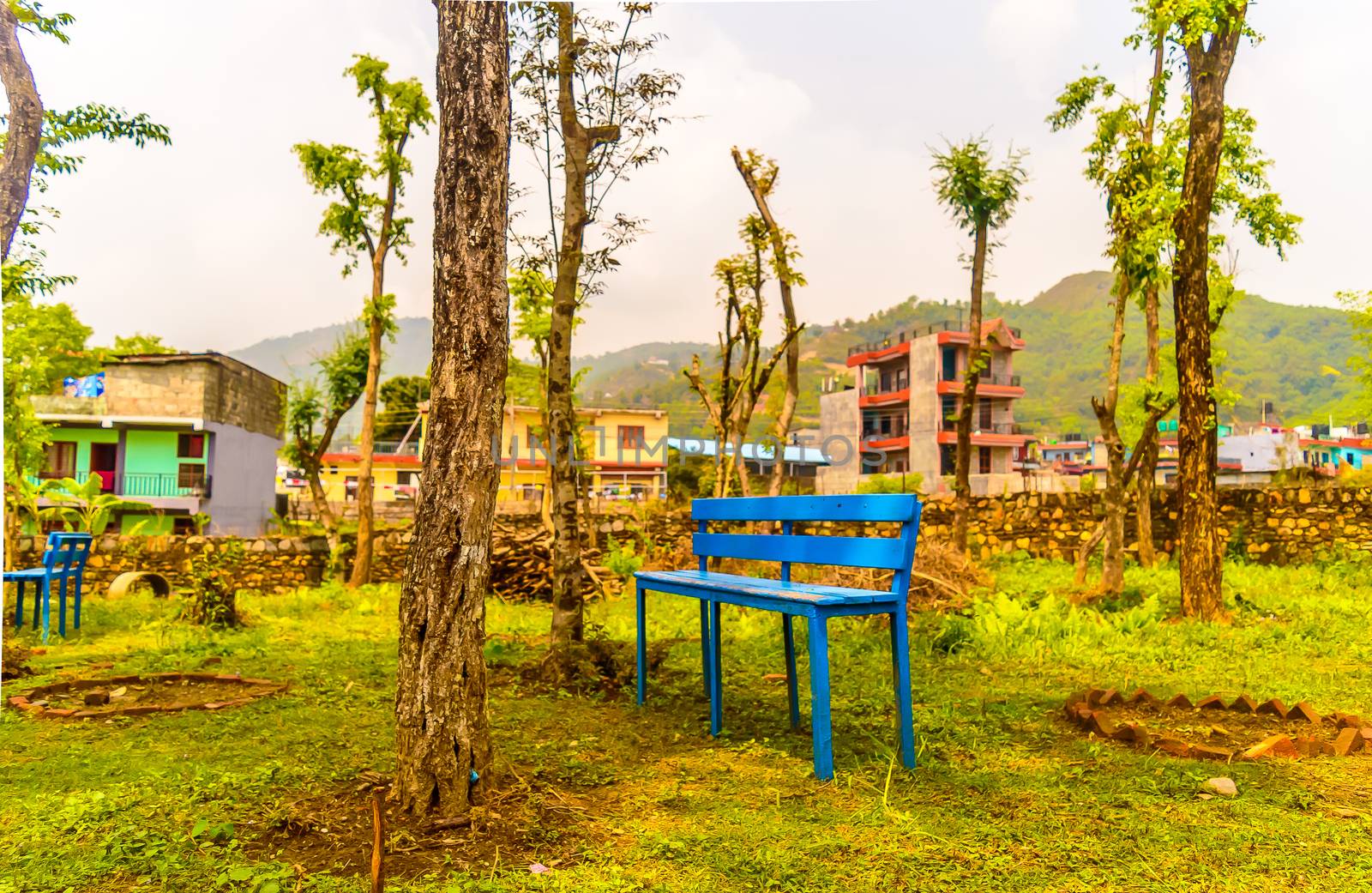 Idyllic mountain village bench and landscape, kathmandu nepal