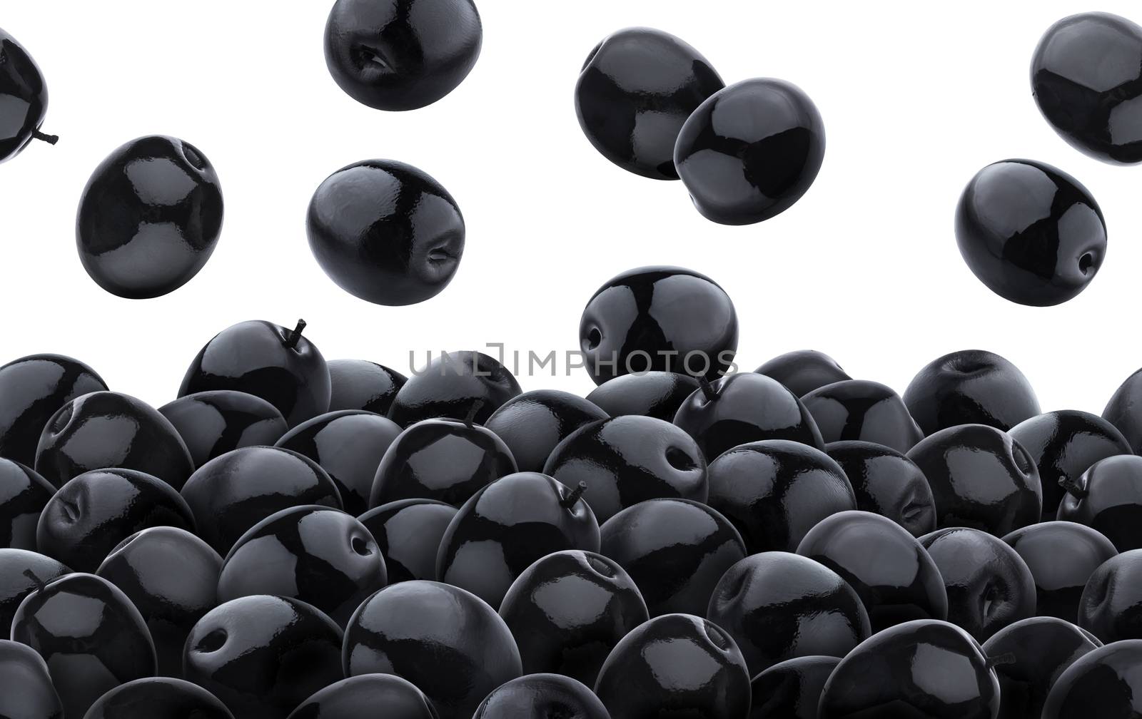 Black olives seamless pattern isolated on white background. Heap of black olives