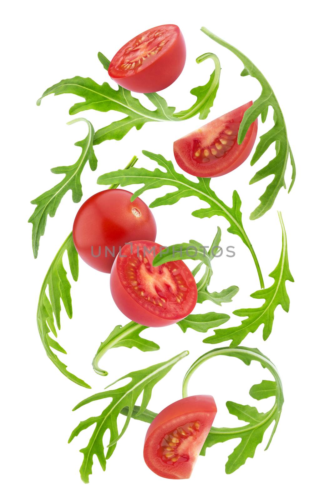Falling fresh vegetables. Cherry tomatoes and rucola isolated on white background by xamtiw