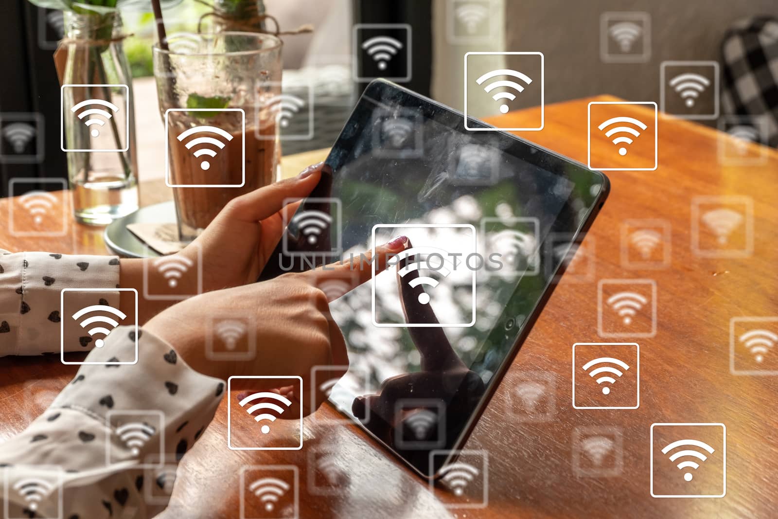 WiFi network on tablet background. Technology 4.0 concept. The internet of thing concept.