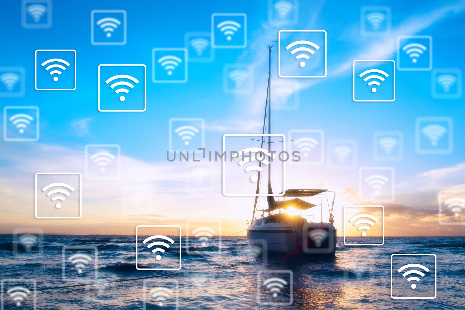  WiFi icon pattern on boat background. by 0864713049