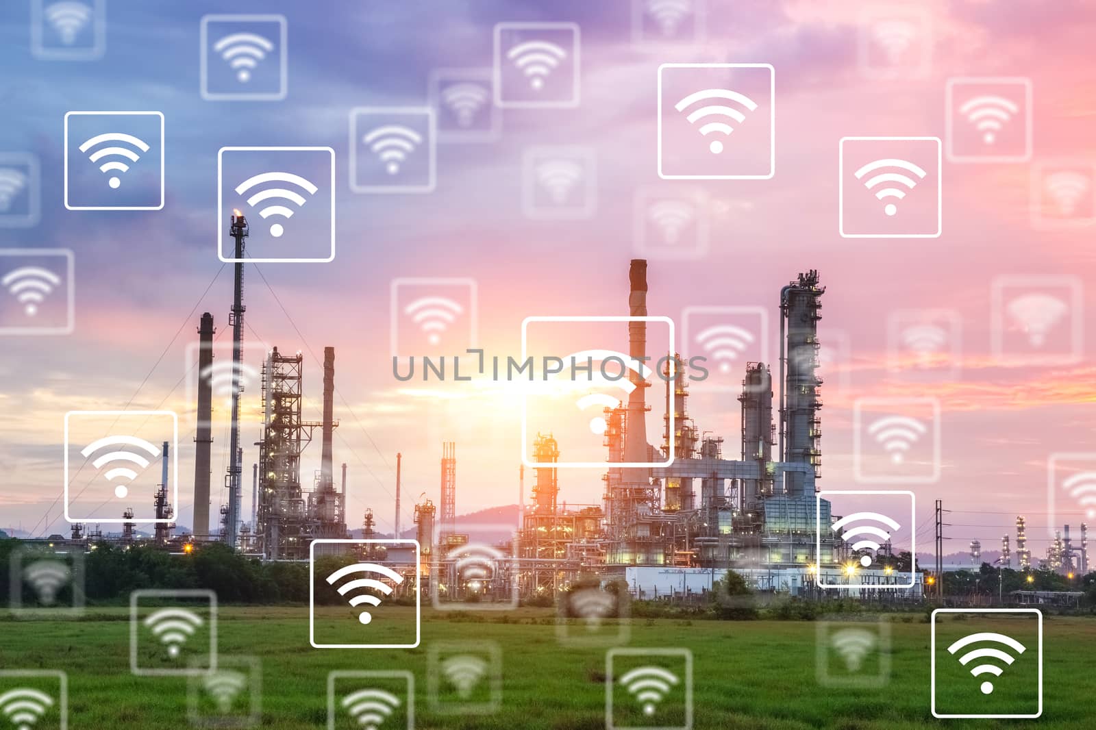  WiFi icon pattern on industry background. by 0864713049