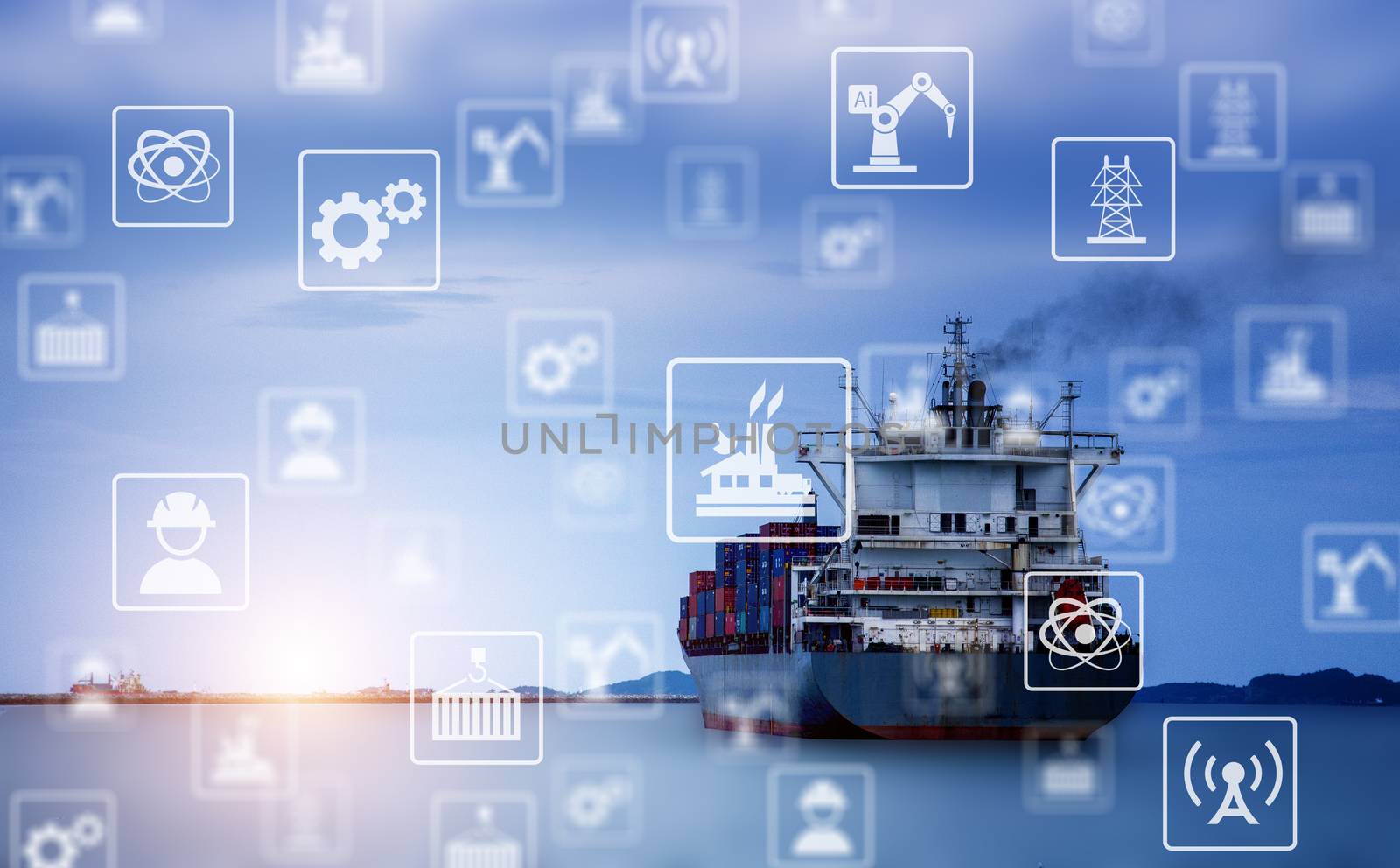  Industry icon pattern on cargo ship background. by 0864713049