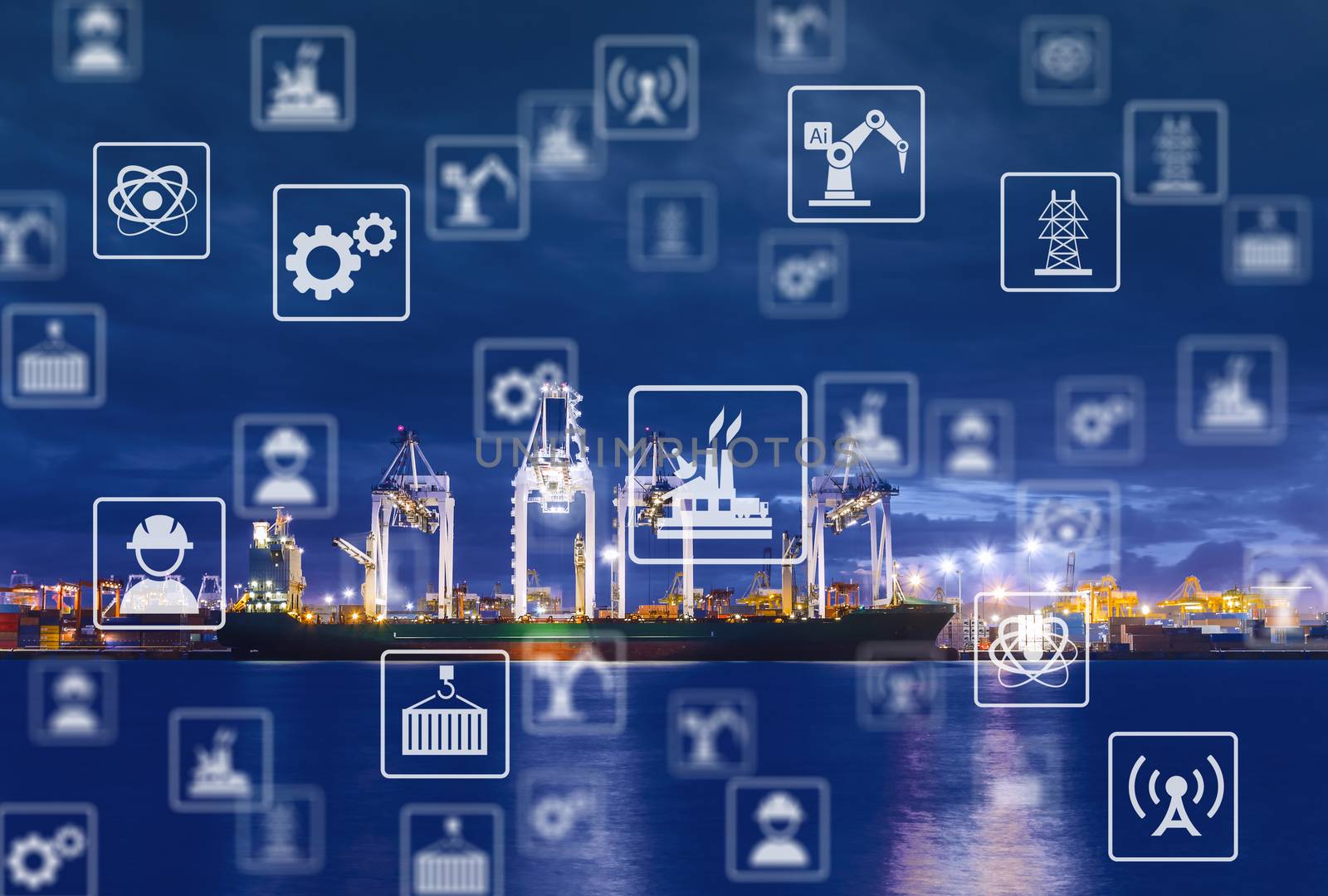 Industry icon pattern on cargo dock background. by 0864713049