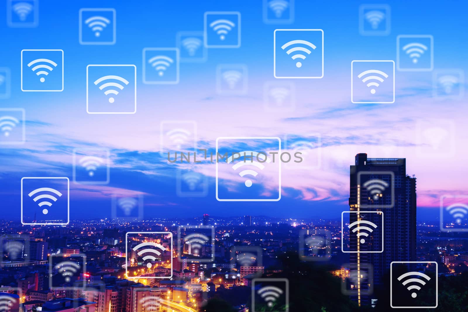 Night cityscape with gold light on the highway. Beautiful sunrise sky background. WiFi icon pattern.