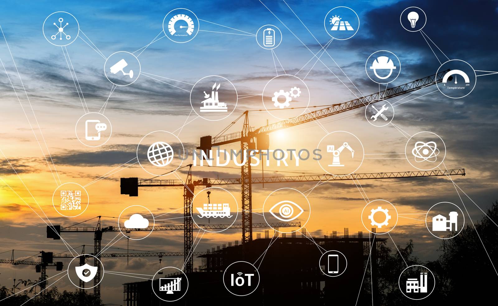 Industry icon pattern on silhouette construction site background by 0864713049