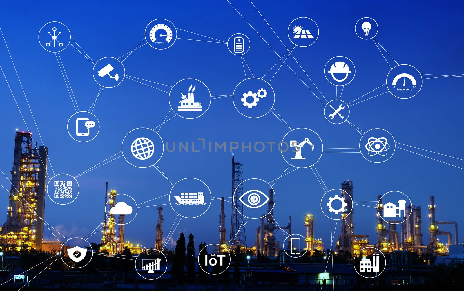 The smart industry 4.0 at morning time. Industry with blue sky. Industrial icon pattern.