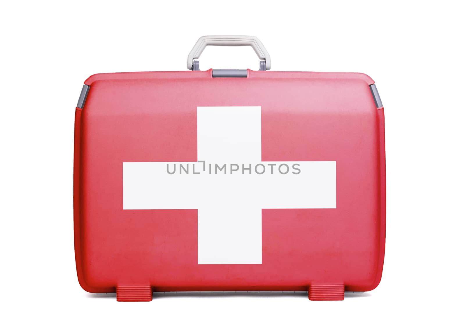 Used plastic suitcase with stains and scratches, printed with flag, Switzerland