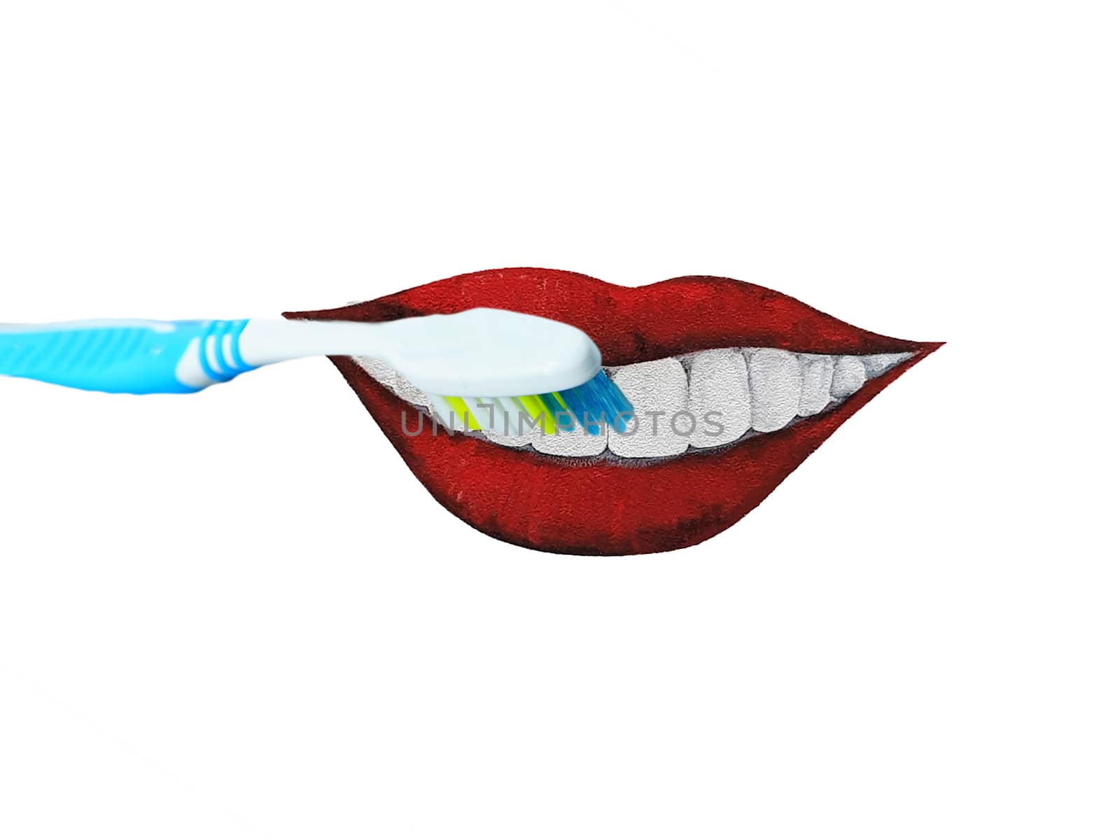 Red lips, mouth with teeth and toothbrush. Illustration isolated