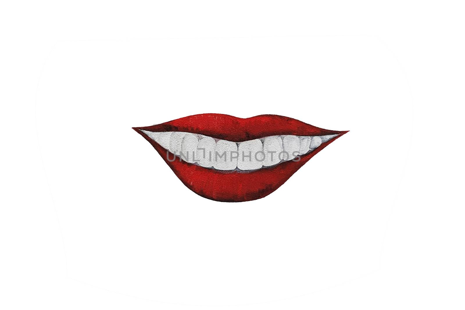 Red lips with a kiss and teeth. Illustration isolated