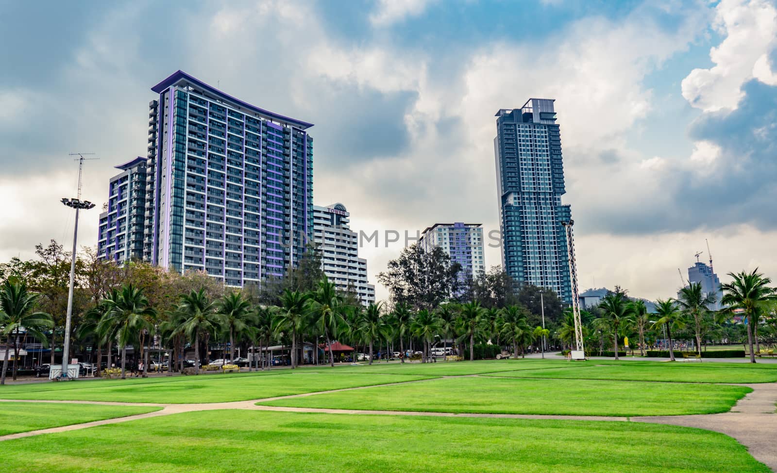 Green grass field, pedestrian road and coconut trees at the city park beside the sea. Modern building background by Fahroni