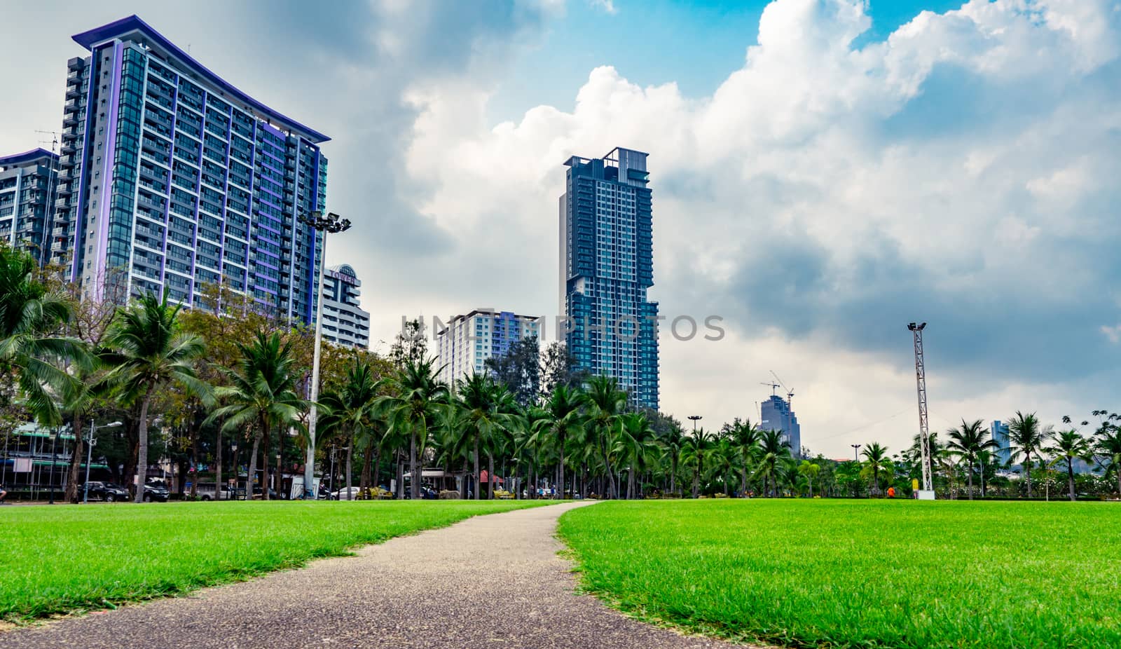 Green grass field, pedestrian road and coconut trees at the city park beside the sea. Modern building background by Fahroni