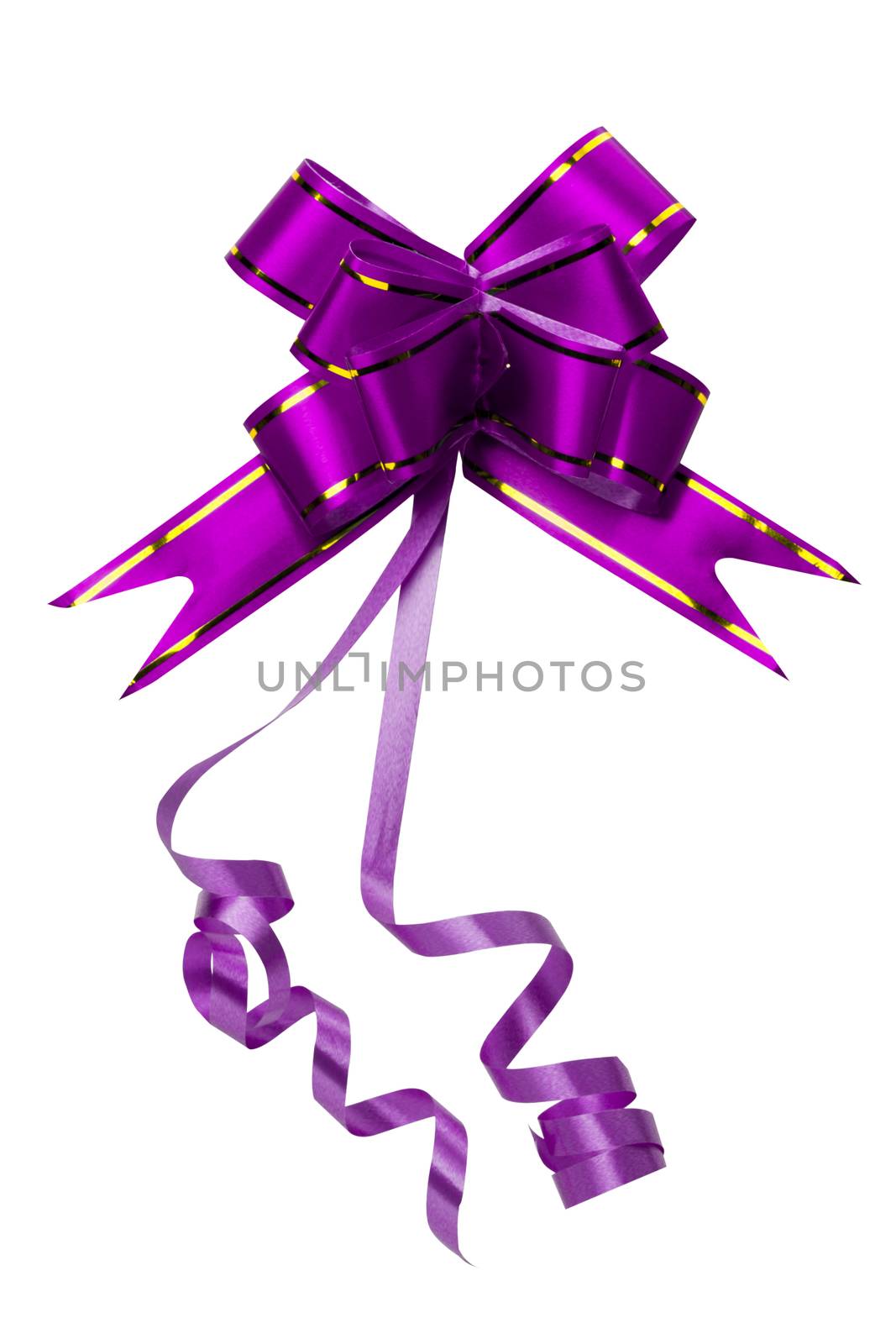 Shiny purple and gold bow isolated on white background with copy space. Ribbon for gift or present concept. Happy New year decorative ribbon and party ornament concept. by Fahroni