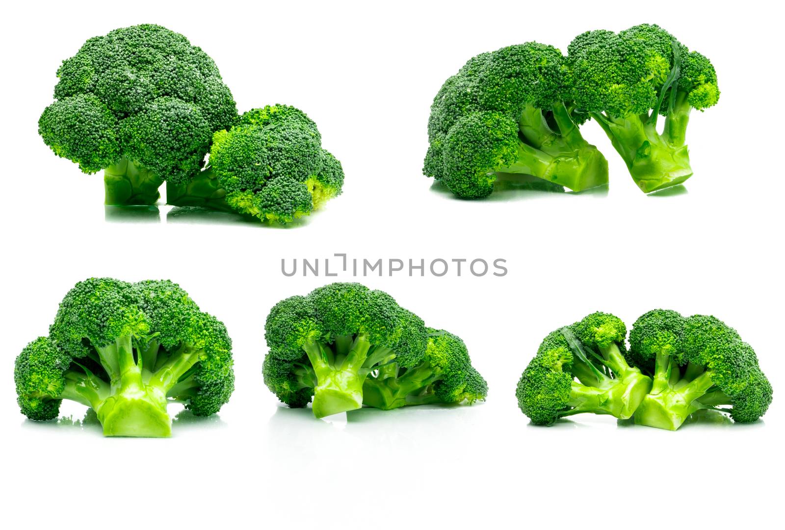 Set of green broccoli (Brassica oleracea). Vegetables natural source of betacarotene, vitamin c, vitamin k, fiber food, folate. Fresh broccoli cabbage isolated on white background. by Fahroni
