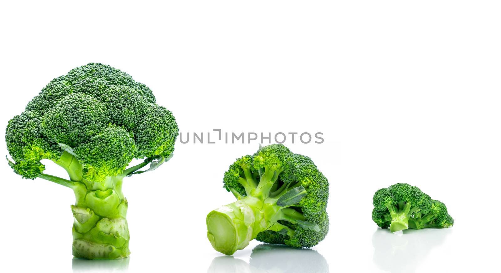 Set of green broccoli (Brassica oleracea). Vegetables natural source of betacarotene, vitamin c, vitamin k, fiber food, folate. Fresh broccoli cabbage isolated on white background. by Fahroni