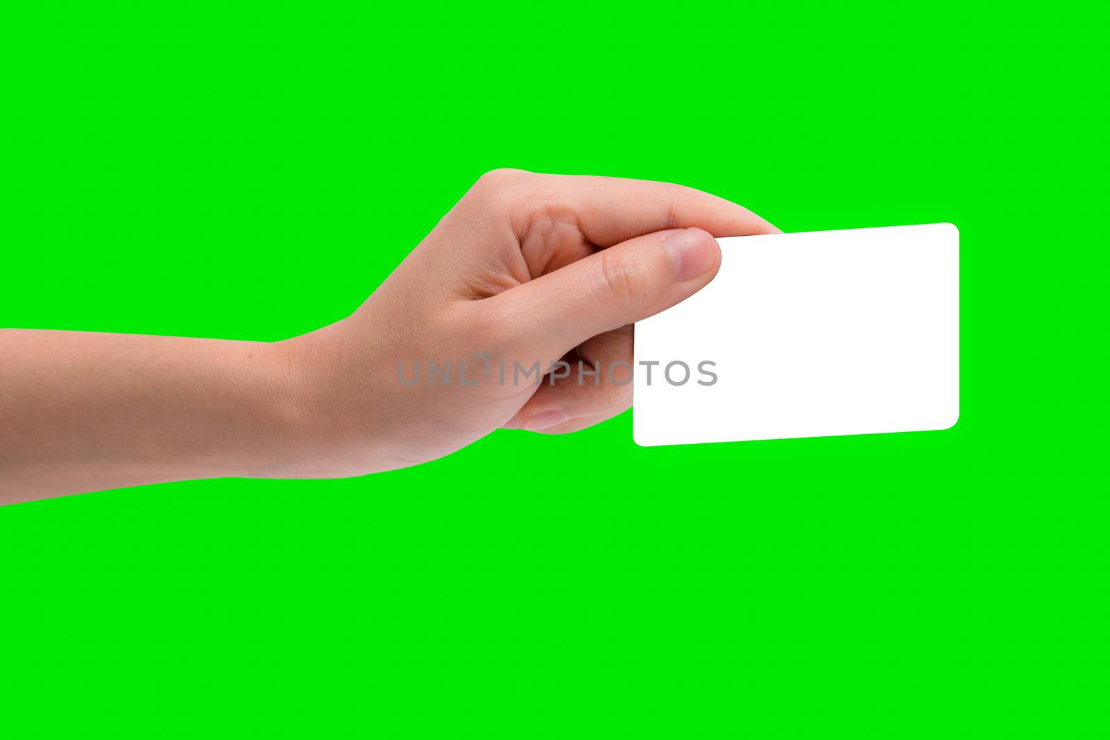 Hand hold business card, credit card or blank paper isolated on green background with clipping path. by Fahroni