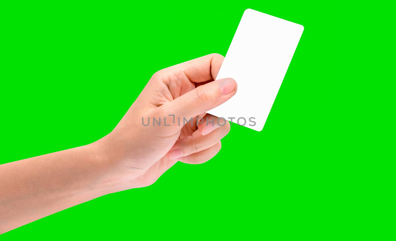 Hand hold business card, credit card or blank paper isolated on green background with clipping path. by Fahroni