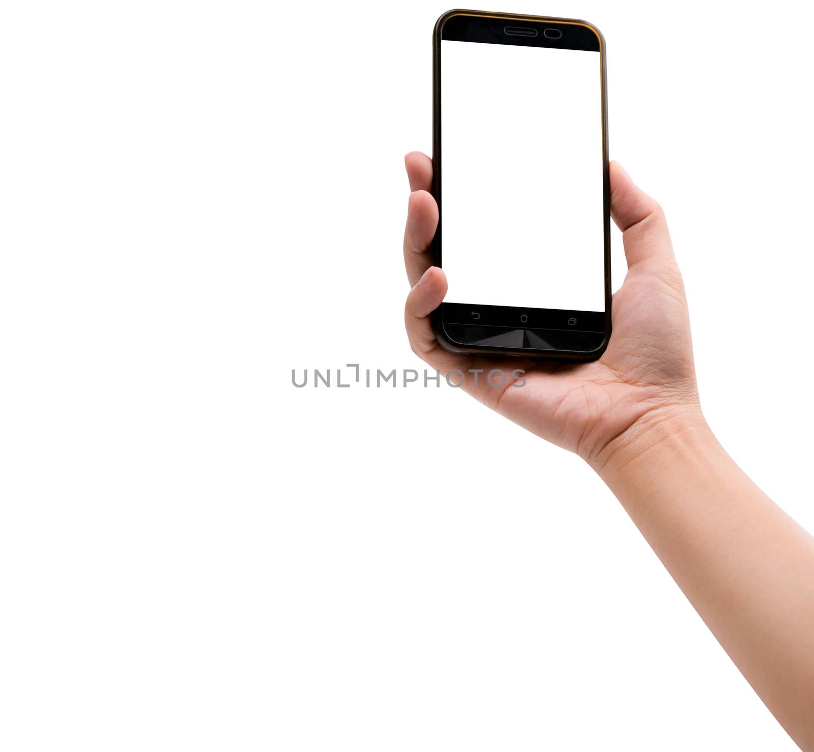 Asian people right hand holding empty screen phone and using smart phone selfie photo isolated on white background with clipping path by Fahroni
