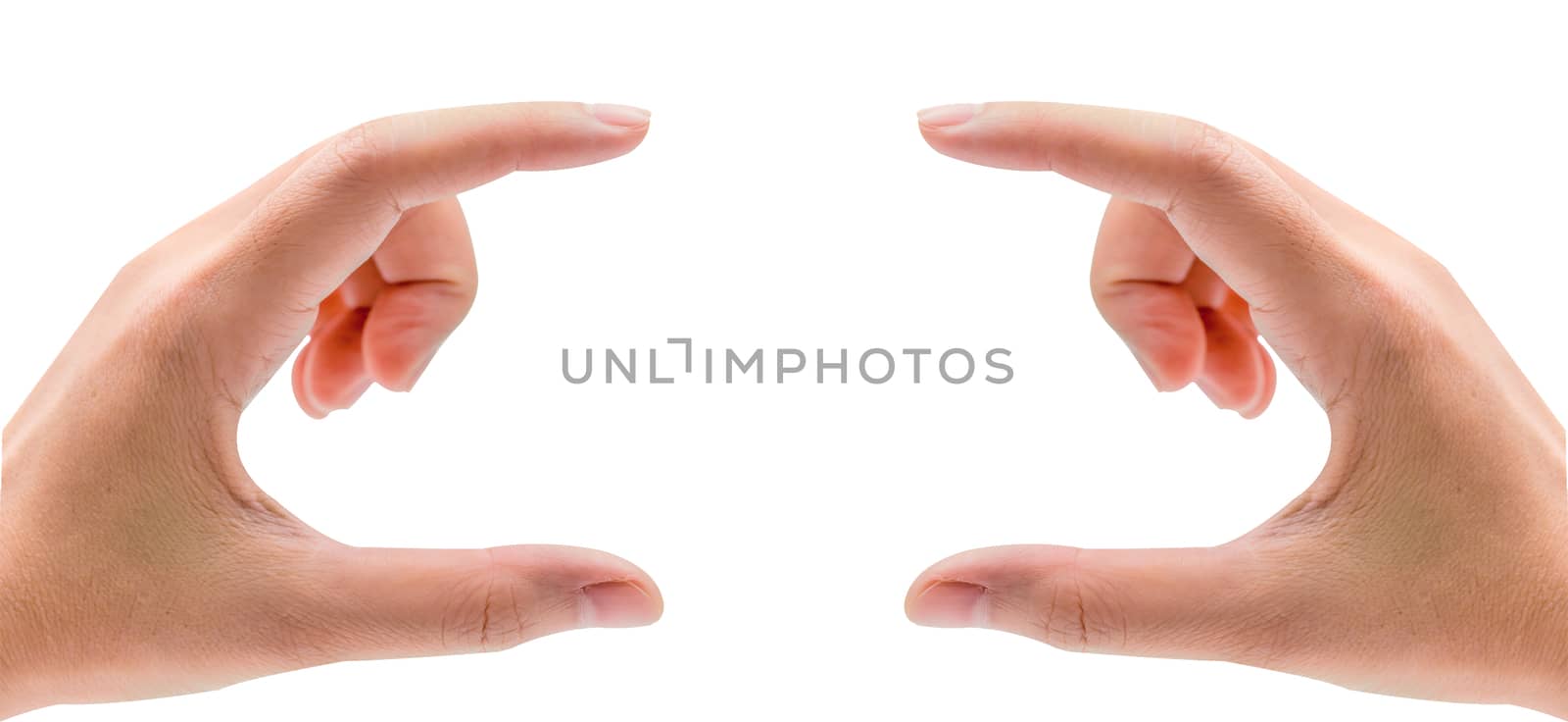 Man hands holding or pressing something isolated on white background