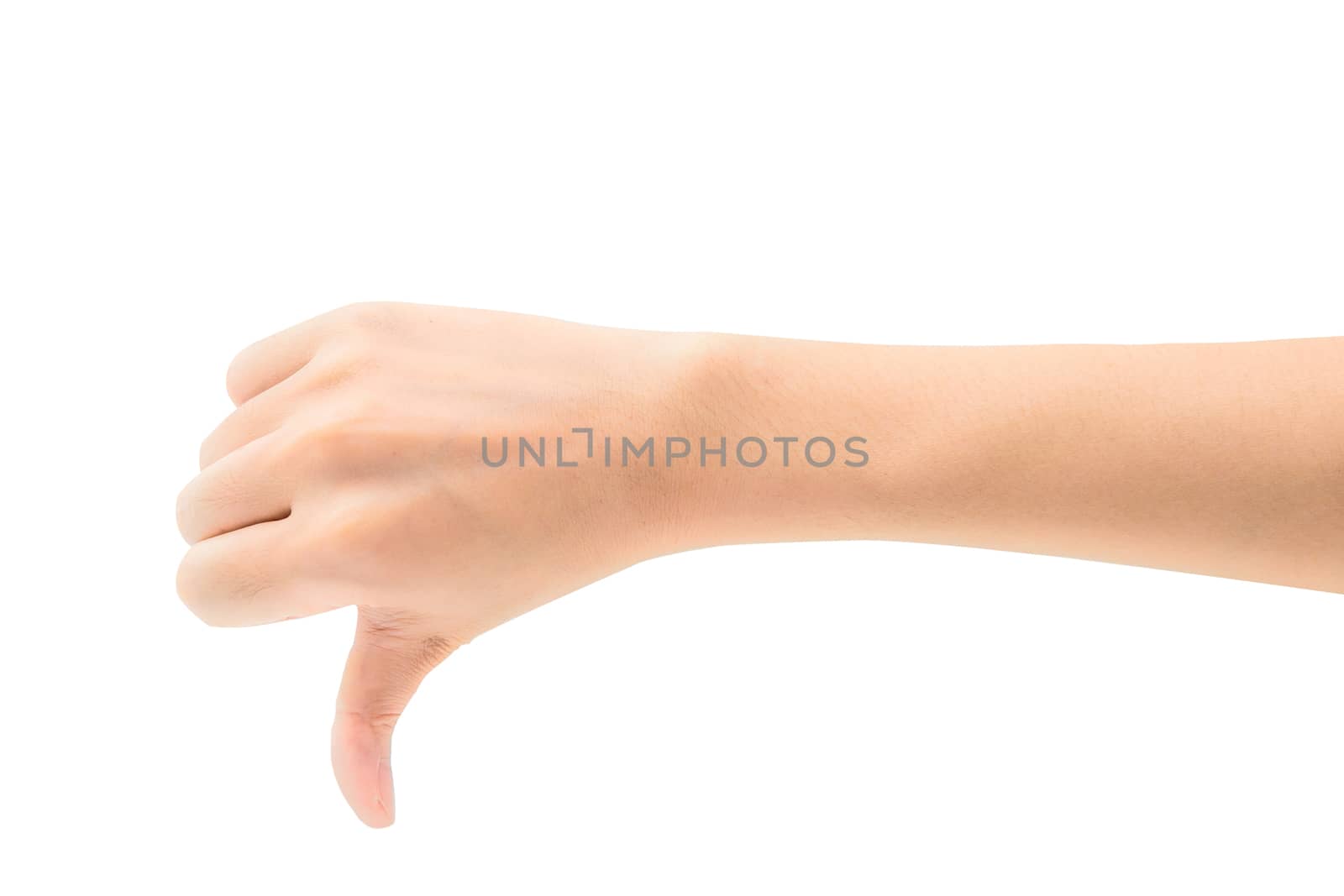 Woman hand show thumbs down isolated on white background with clipping path
