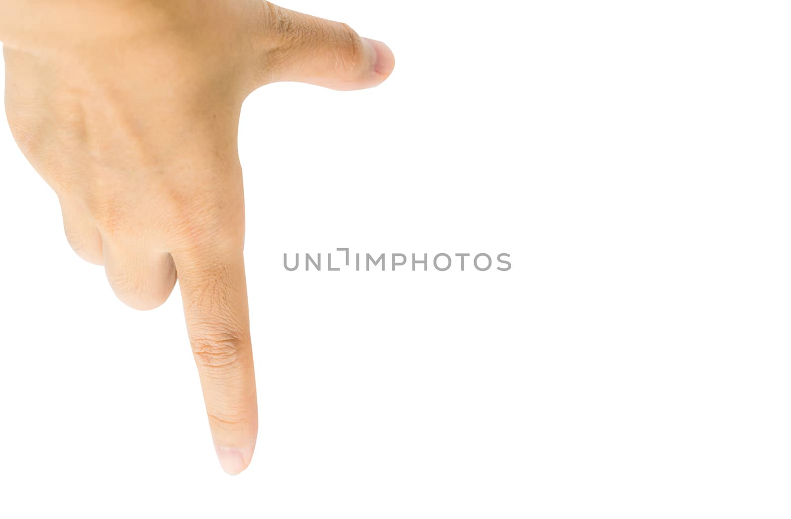 Close-up of Asian man hand gesturing isolated on white background with clipping path by Fahroni