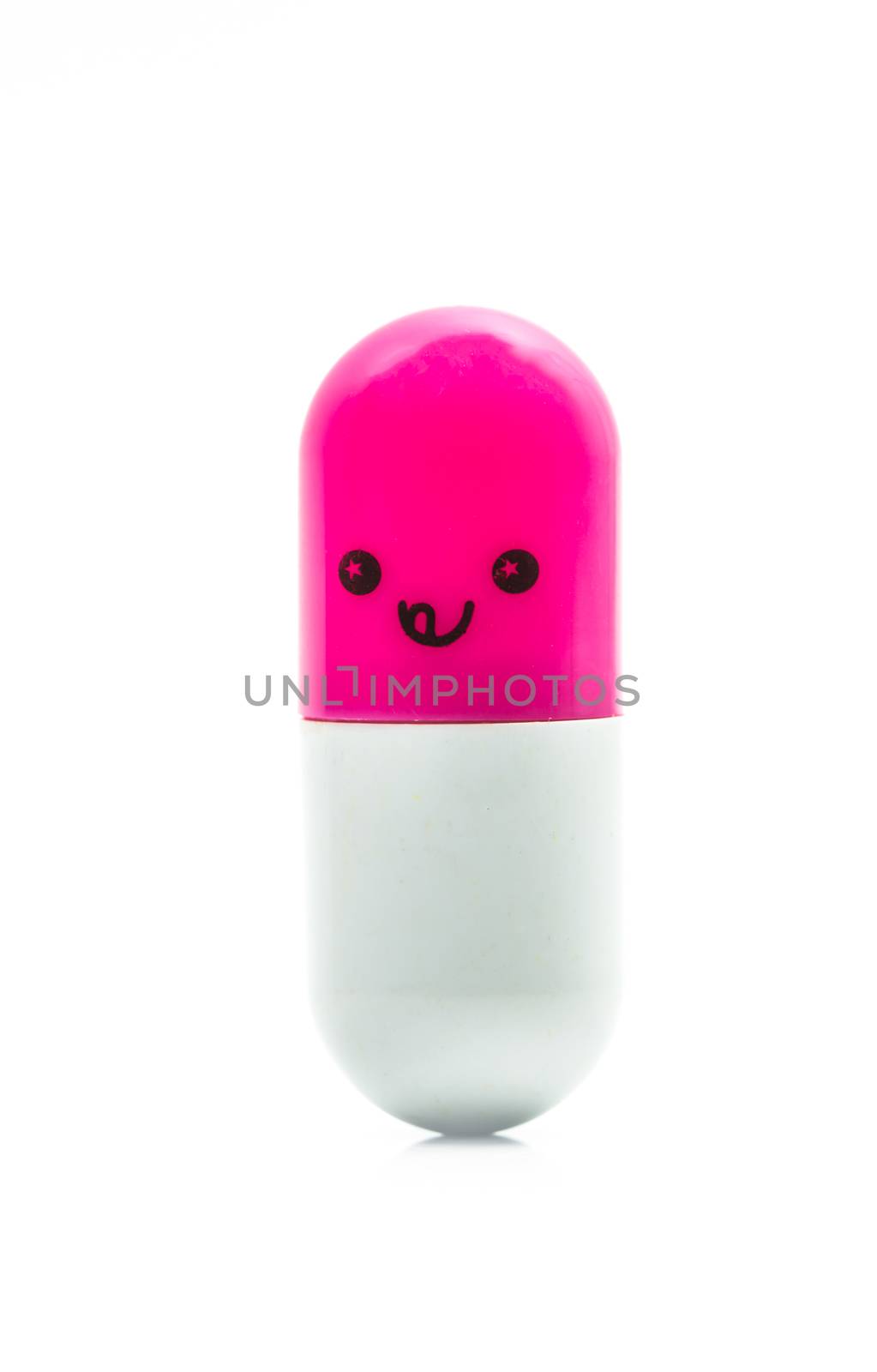 Cute pink and white capsule pill isolated on white background with copy space for text. Global healthcare concept. Healthy and happy life. Pharmaceutical industry. Pharmacy sign and symbol. Pharmacy background. Health budgets and policy. by Fahroni