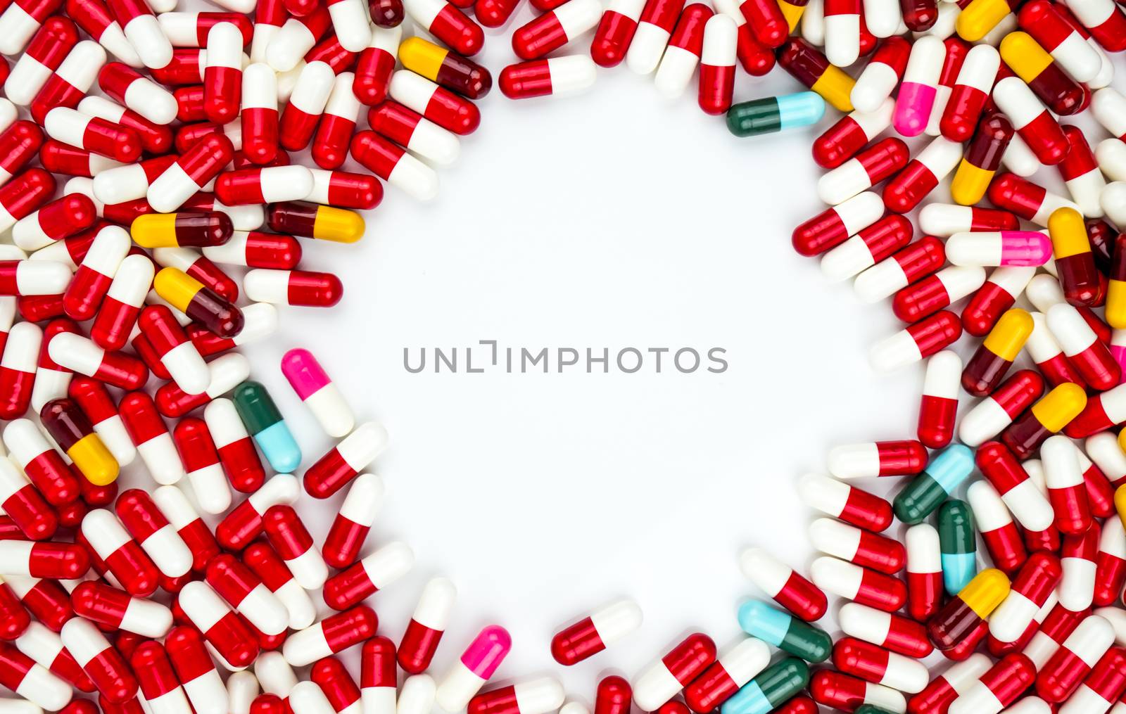 Colorful of antibiotic capsules pills isolated on white background with copy space. Drug resistance concept. Antibiotics drug use with reasonable and global healthcare concept. Pharmaceutical industry. Pharmacy background.