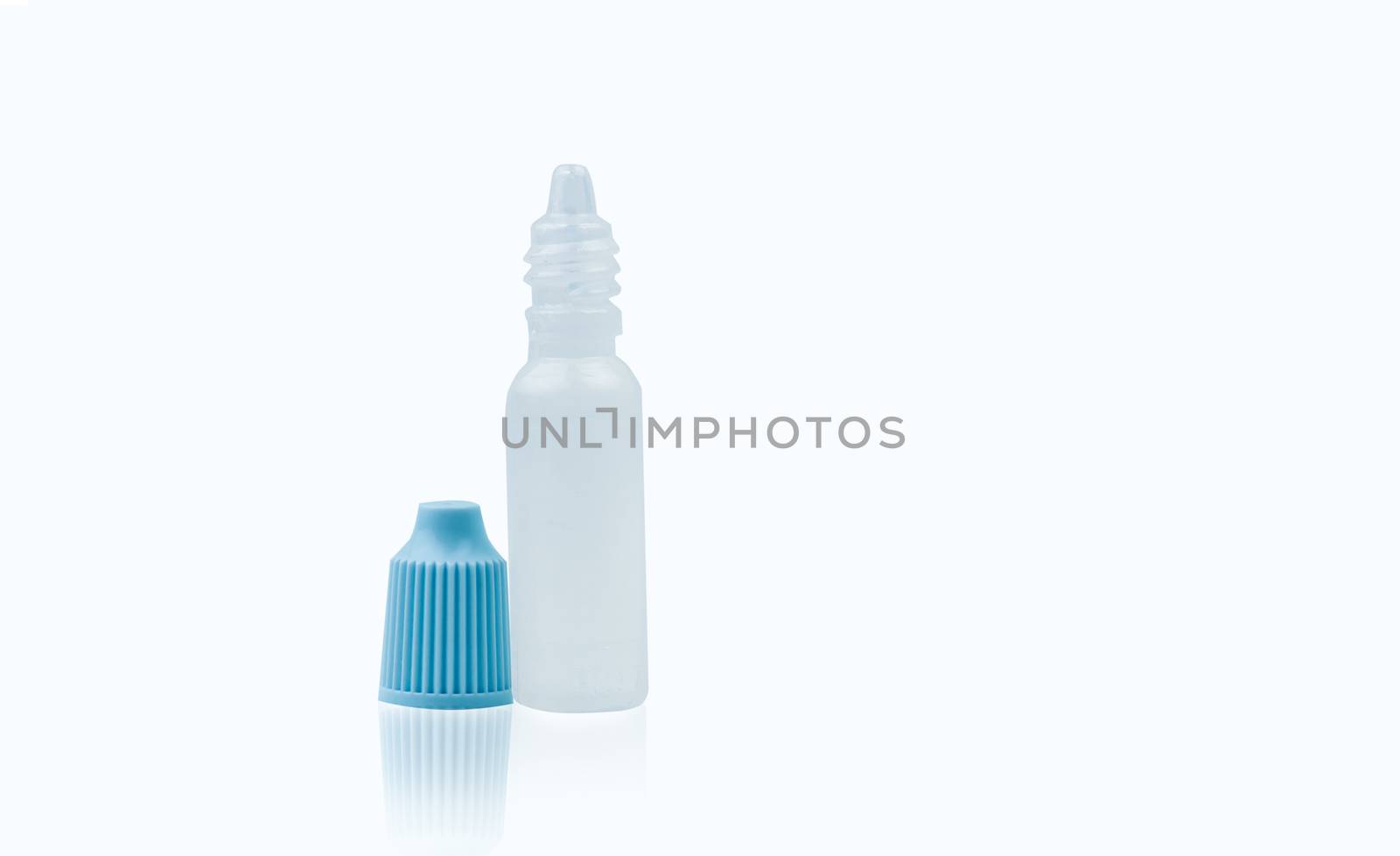 Eye drops bottle with opened blue cap isolated on white background with blank label and copy space, just add your own text.
