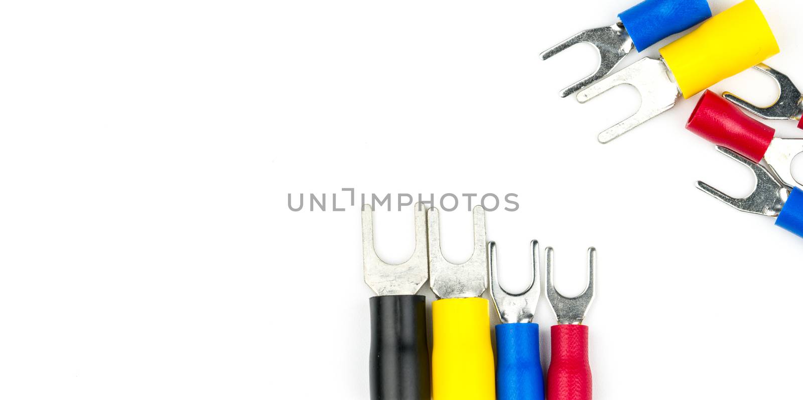 Spade terminals electrical cable connector accessories isolated on white background