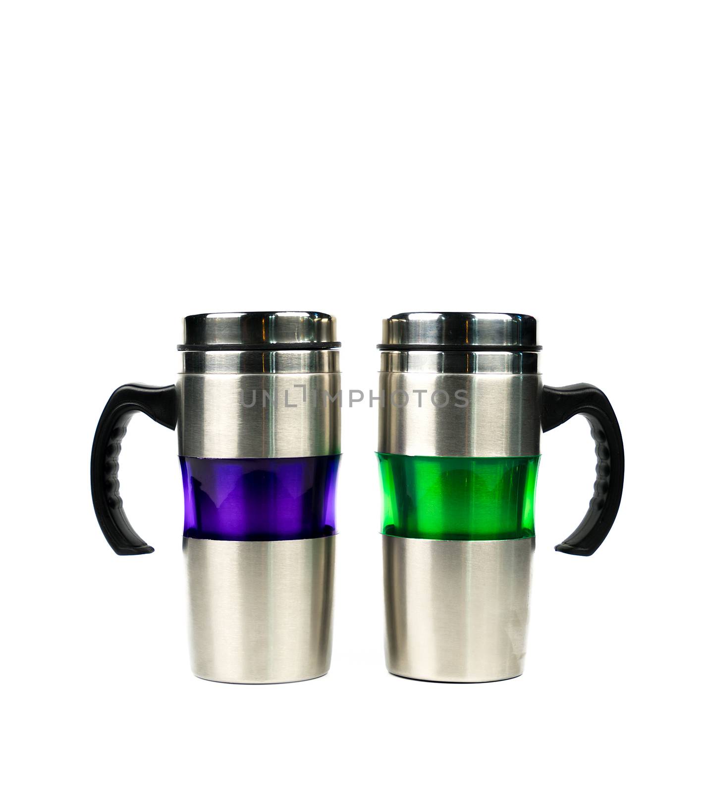Purple and green thermos bottle with handle isolated on white background with copy space by Fahroni