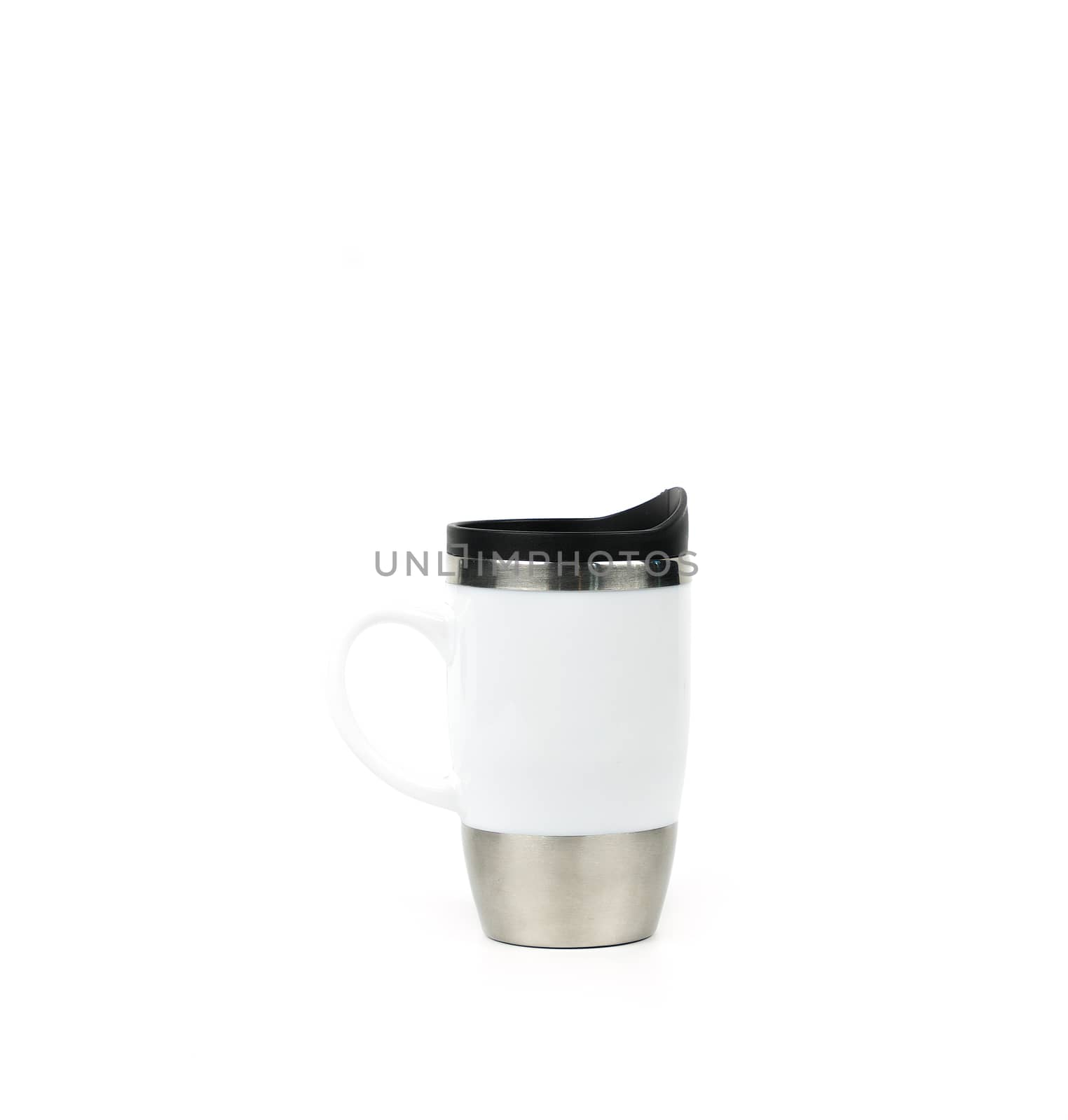 White thermos stainless steel ceramic glass with handle isolated on white background with copy space