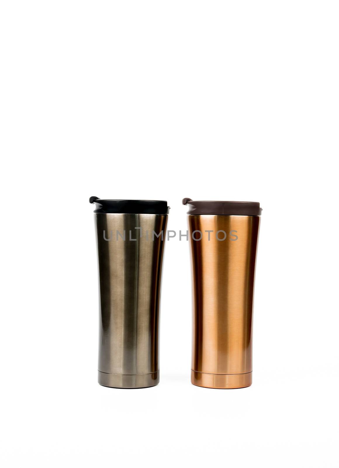 Silver and gold thermos bottle on white background with copy space