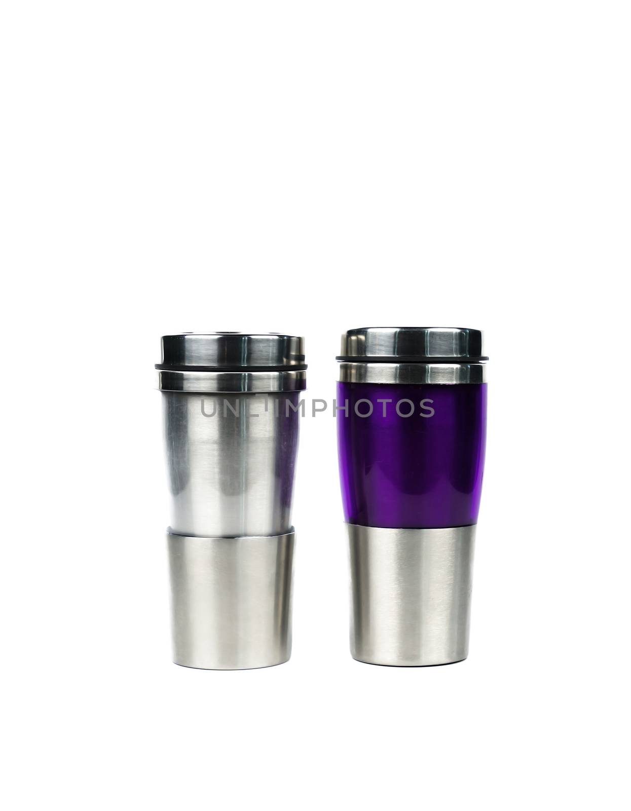 Silver and purple thermos bottle on white background with copy space by Fahroni