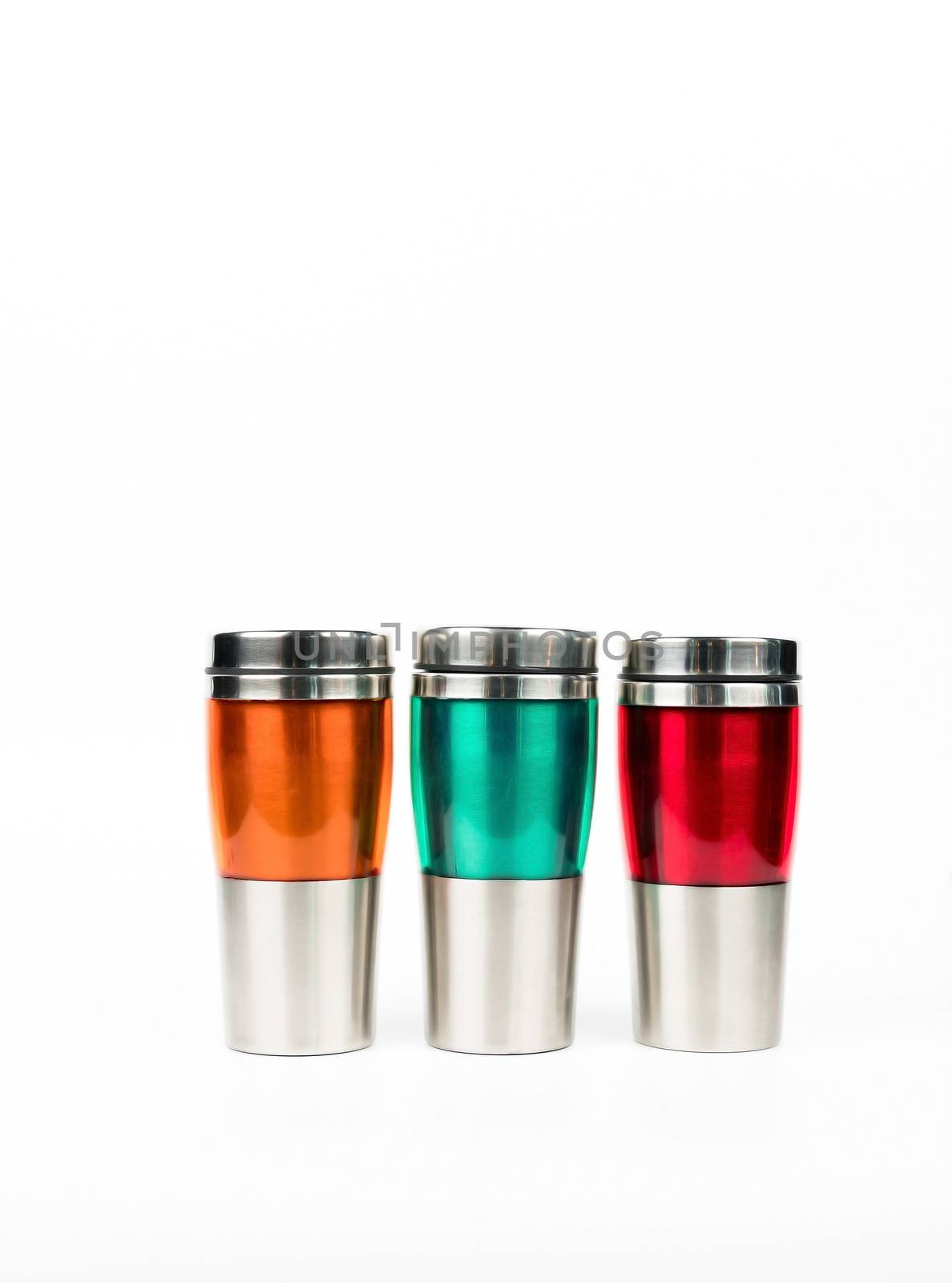 Orange, green and red thermos bottle on white background with copy space by Fahroni