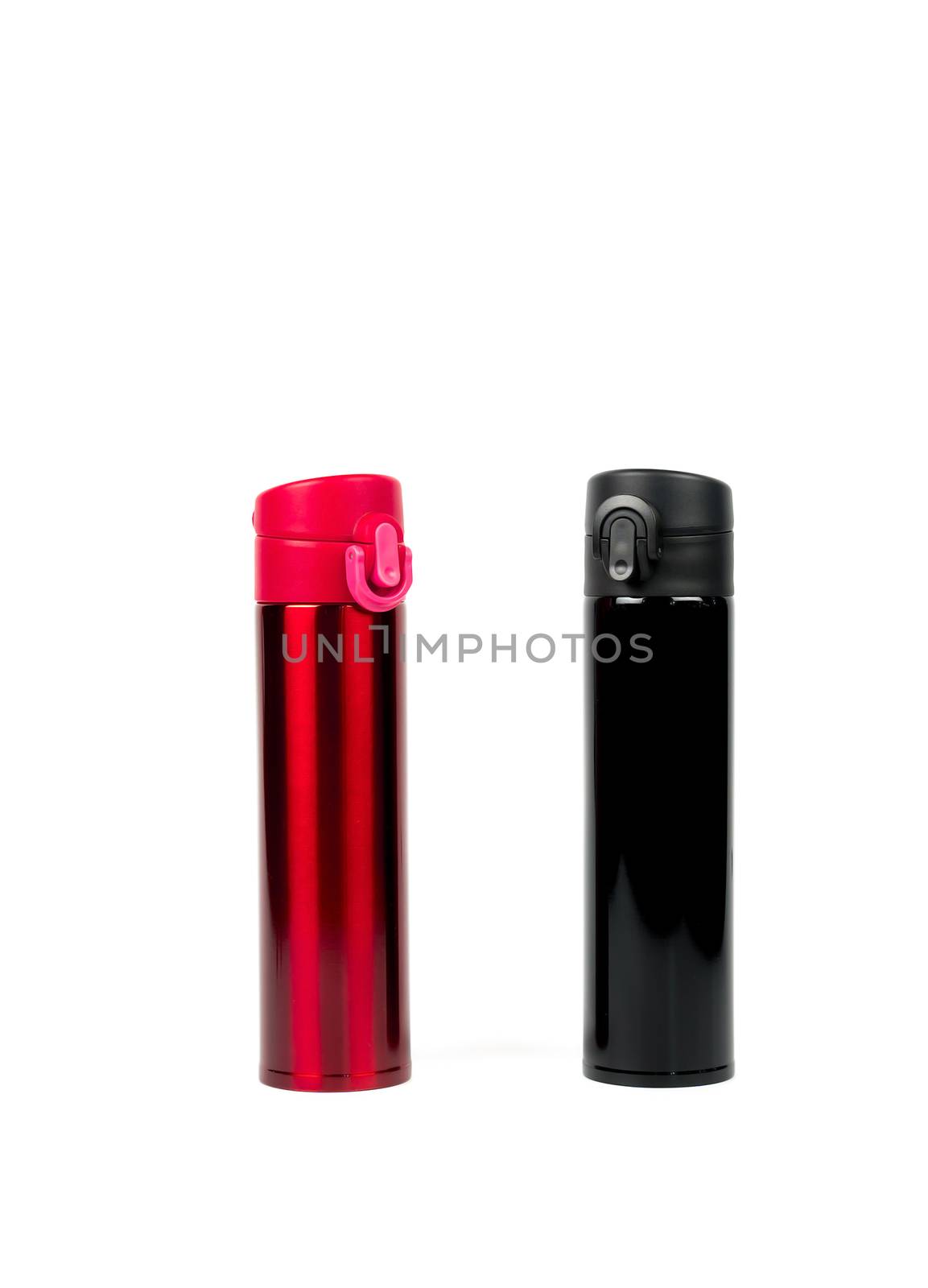 Red and black thermos bottles isolated on white background with copy space by Fahroni