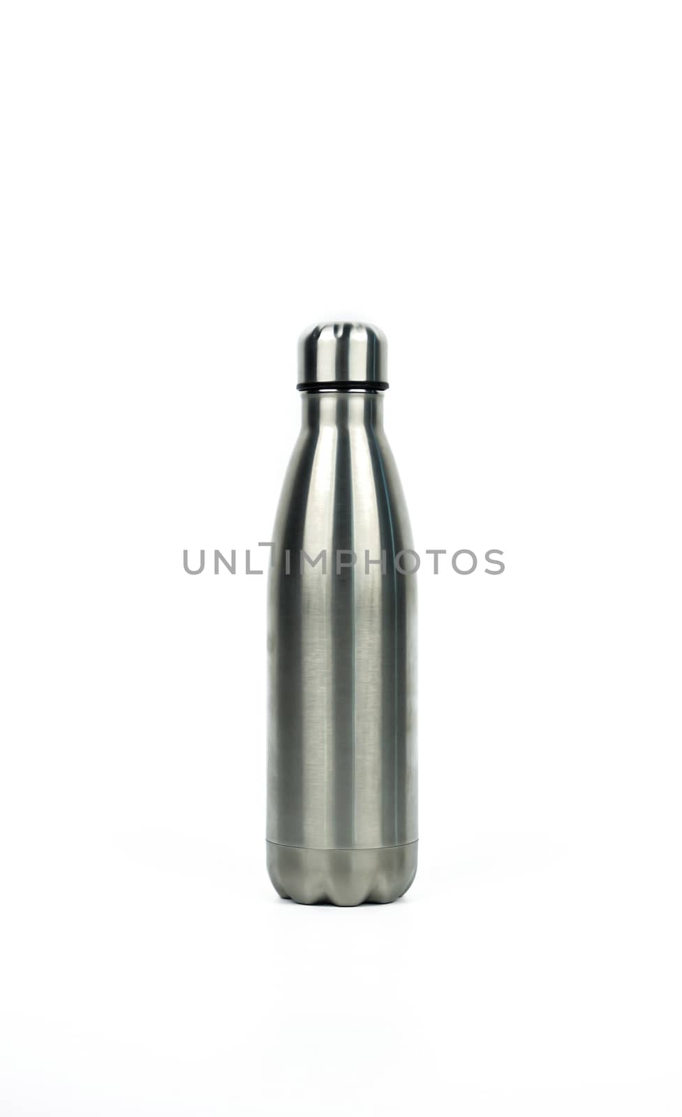 Silver thermos bottle with sport design isolated on white background with copy space