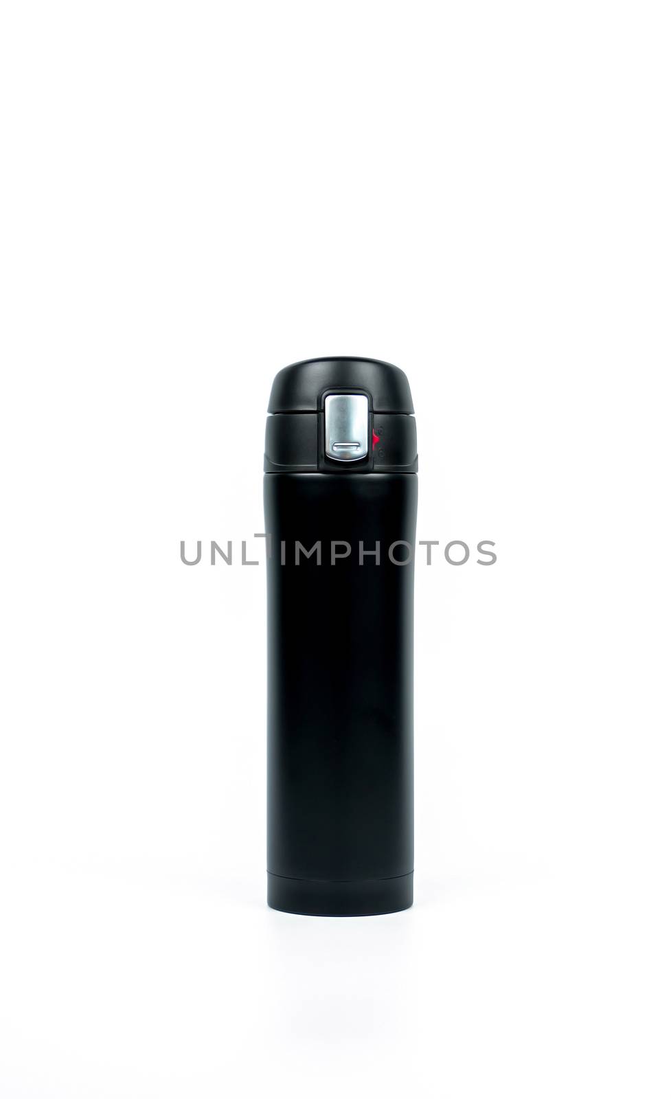 Black thermos bottle on white background with copy space by Fahroni