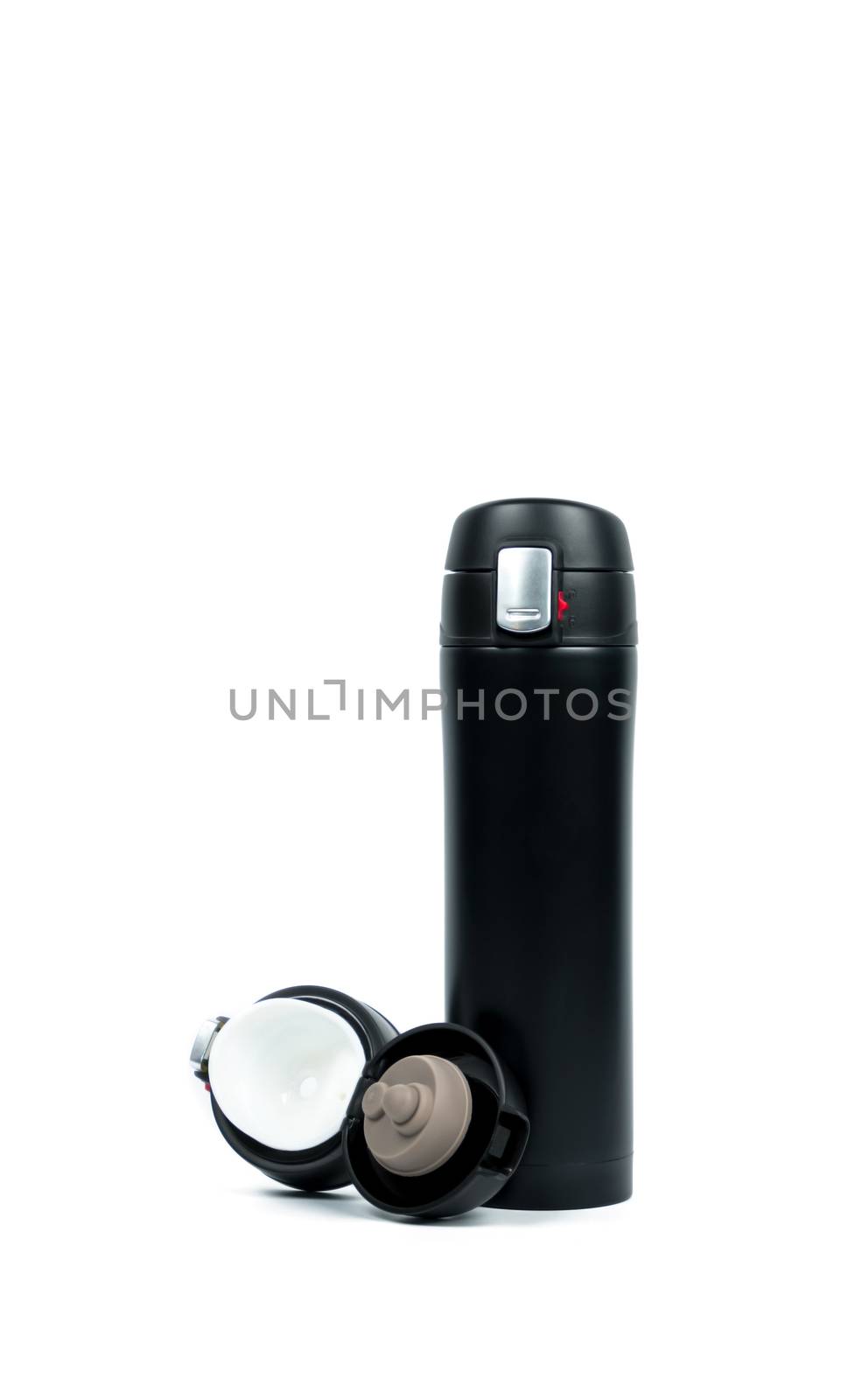 Black thermos bottle with opened cap isolated on white background with copy space. Beverage container. Coffee and tea bottle by Fahroni