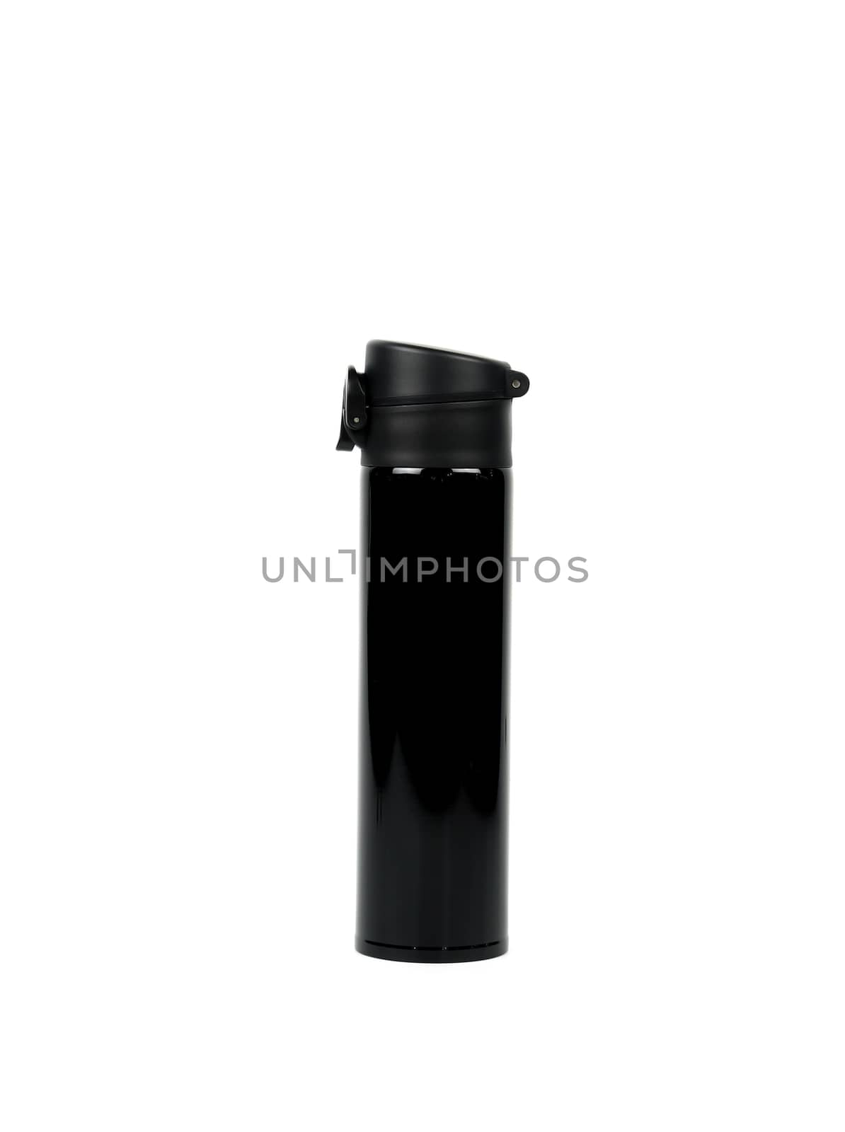 Black thermos bottle isolated on white background with copy space. Coffee and tea bottle container.