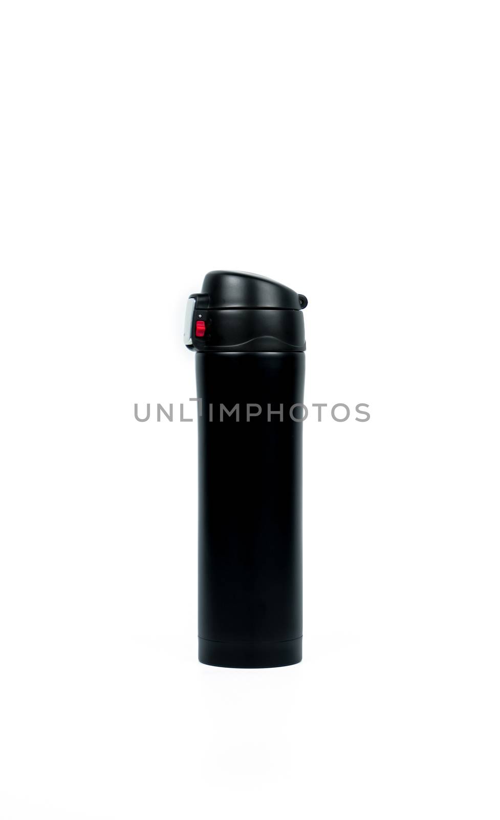 Black thermos bottle isolated on white background with copy space. Beverage container. Coffee and tea bottle.