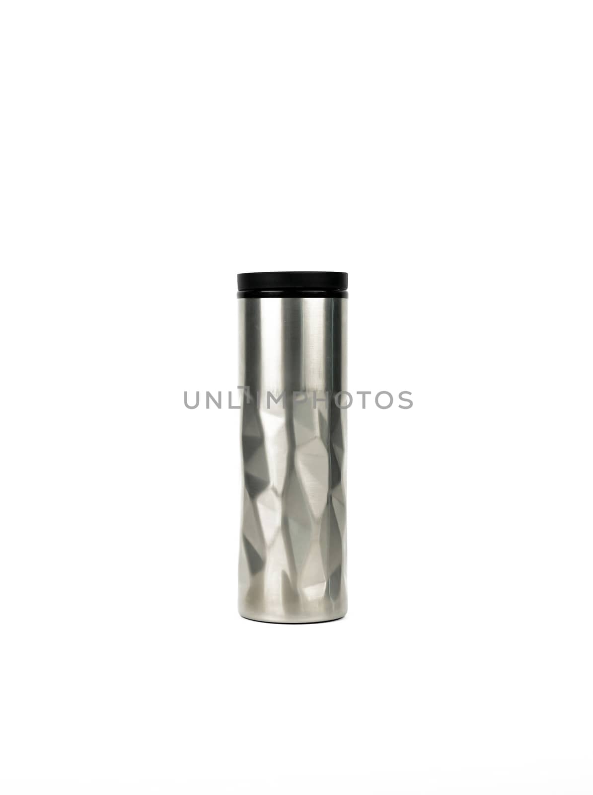Silver thermos bottle with modern design isolated on white background with copy space. Beverage container. Coffee and tea bottle. by Fahroni