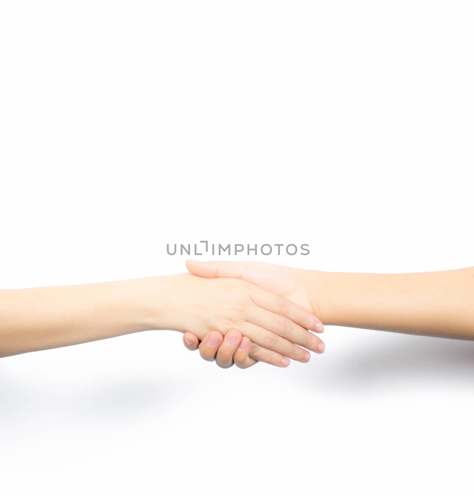 Closeup Asian woman shaking hands isolated on white background by Fahroni